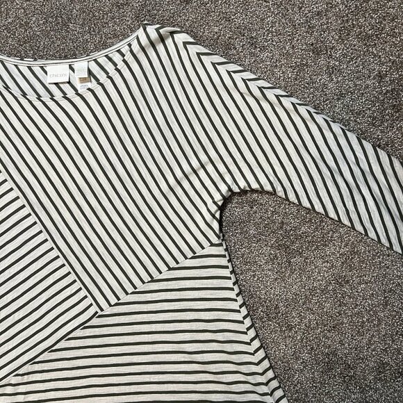 CHICOS 2 Top Size Large Striped Stretch Tunic Green White Long Sleeve Cotton - Picture 7 of 9